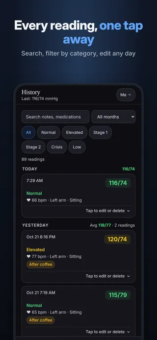 Every reading, one tap away. Search, filter by category, edit any day
