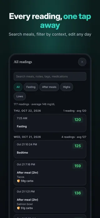 Every reading, one tap away. Search meals, filter by context, edit any day