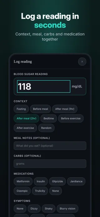 Log a reading in seconds. Context, meal, carbs and medication together