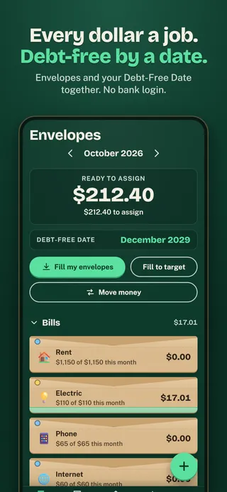 Every dollar a job. Debt-free by a date. Envelopes and your Debt-Free Date together. No bank login.