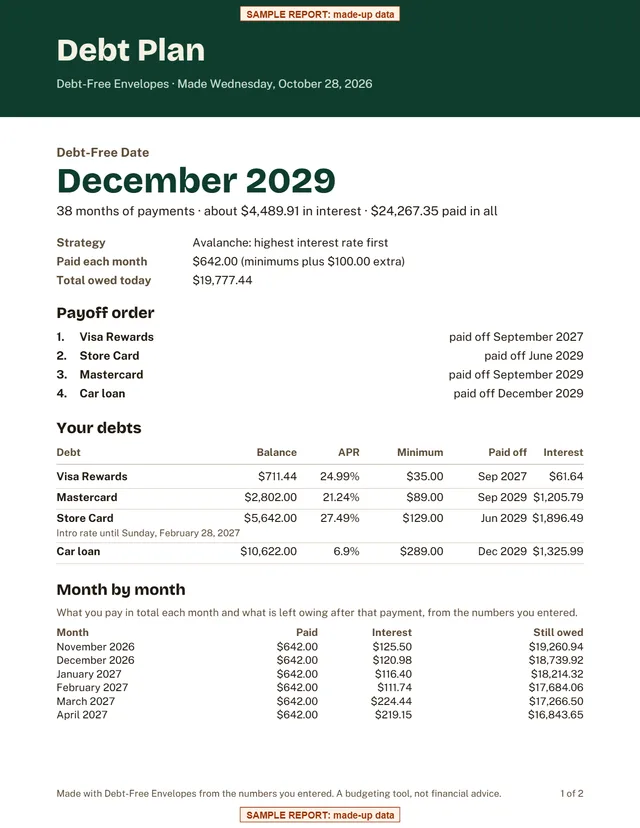 Page 1 of a sample Debt-Free Envelopes: Budget report for "Sample Patient", made from made-up data
