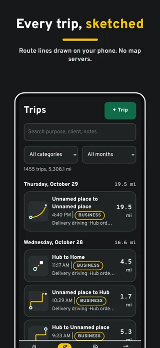 Every trip, sketched. Route lines drawn on your phone. No map servers.