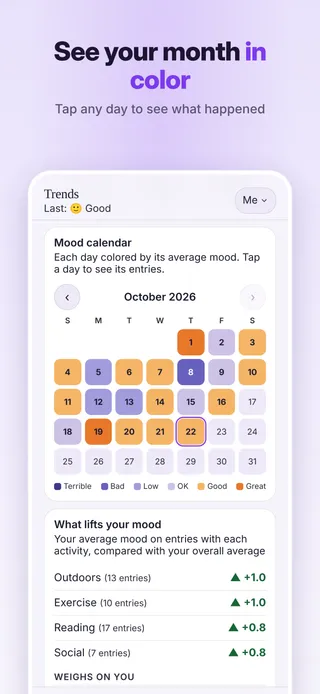See your month in color. Tap any day to see what happened