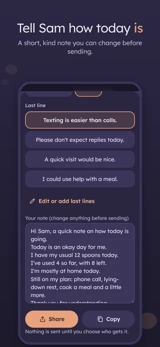 Tell Sam how today is. A short, kind note you can change before sending