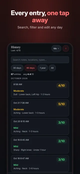 Every entry, one tap away. Search, filter and edit any day
