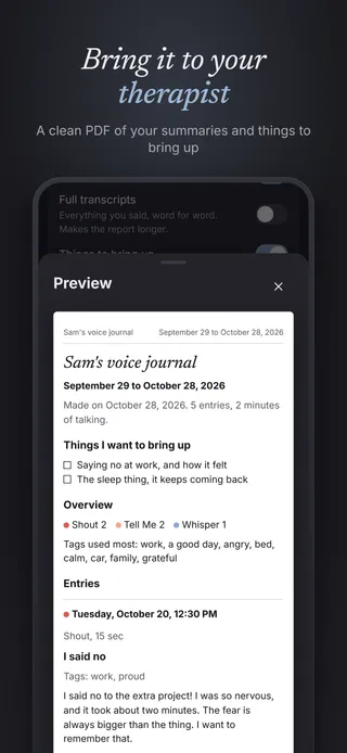 Bring it to your therapist. A clean PDF of your summaries and things to bring up