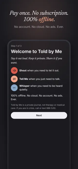 Pay once. No subscription. 100% offline. No account. No cloud. No ads. Ever.